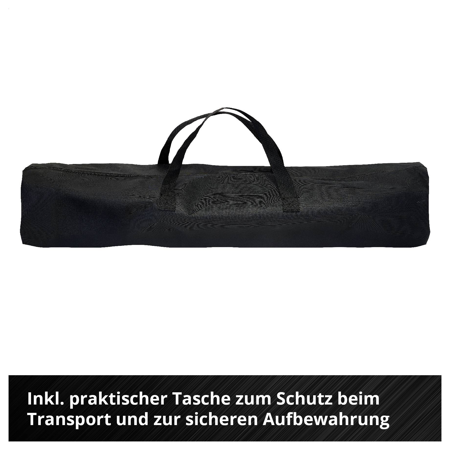 Schwarze Transporttasche für ein zusammenrollbares Produkt; schützt beim Transport und dient der sicheren Aufbewahrung.