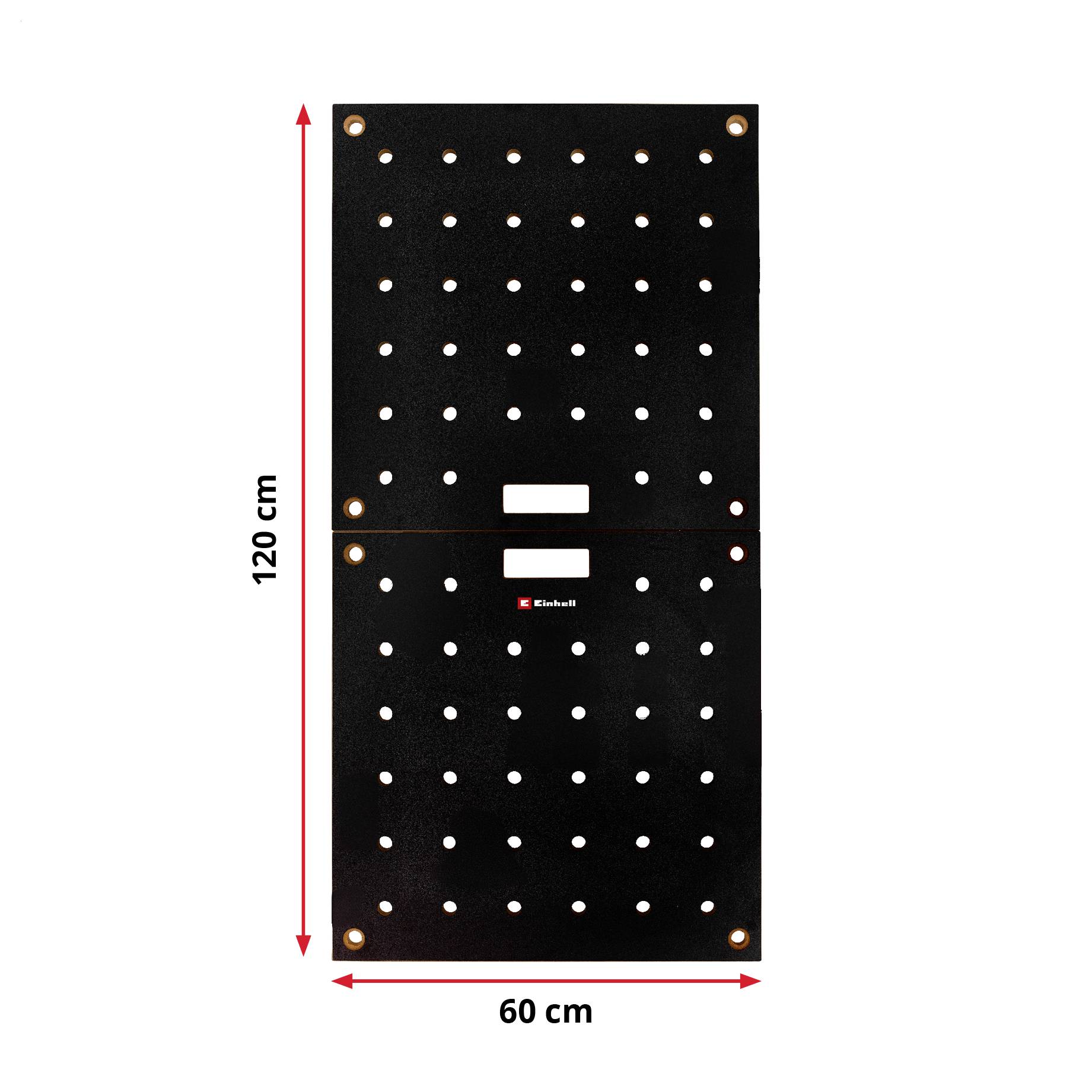 Schwarzes rechteckiges Lochblech mit zentrierter Beschriftung und gekennzeichneten Abmessungen: 120 cm Höhe und 60 cm Breite.