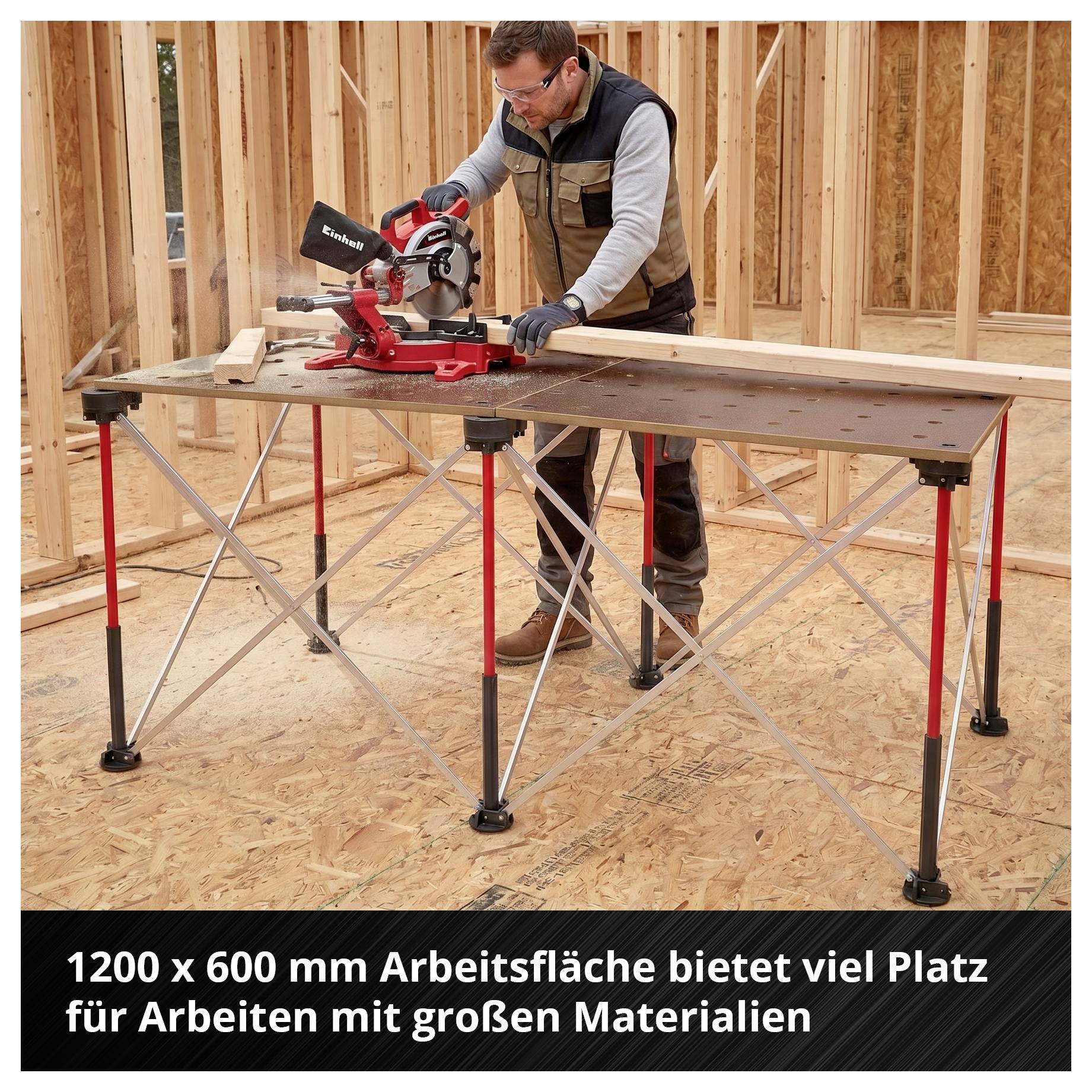 Ein Handwerker sägt mit einer Kappsäge eine lange Holzleiste auf einer 1200 × 600 mm großen Arbeitstischfläche im Rohbau; Text betont viel Platz für große Materialien.