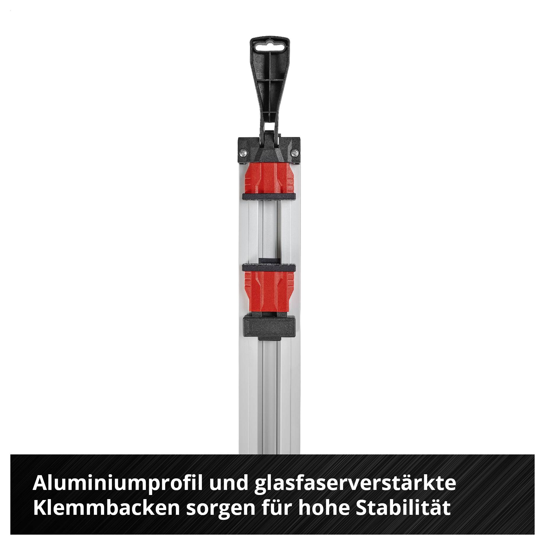 Vertikale Klemme mit Aluminiumprofil und glasfaserverstärkten Klemmbacken; Text: 'Aluminiumprofil und glasfaserverstärkte Klemmbacken sorgen für hohe Stabilität'