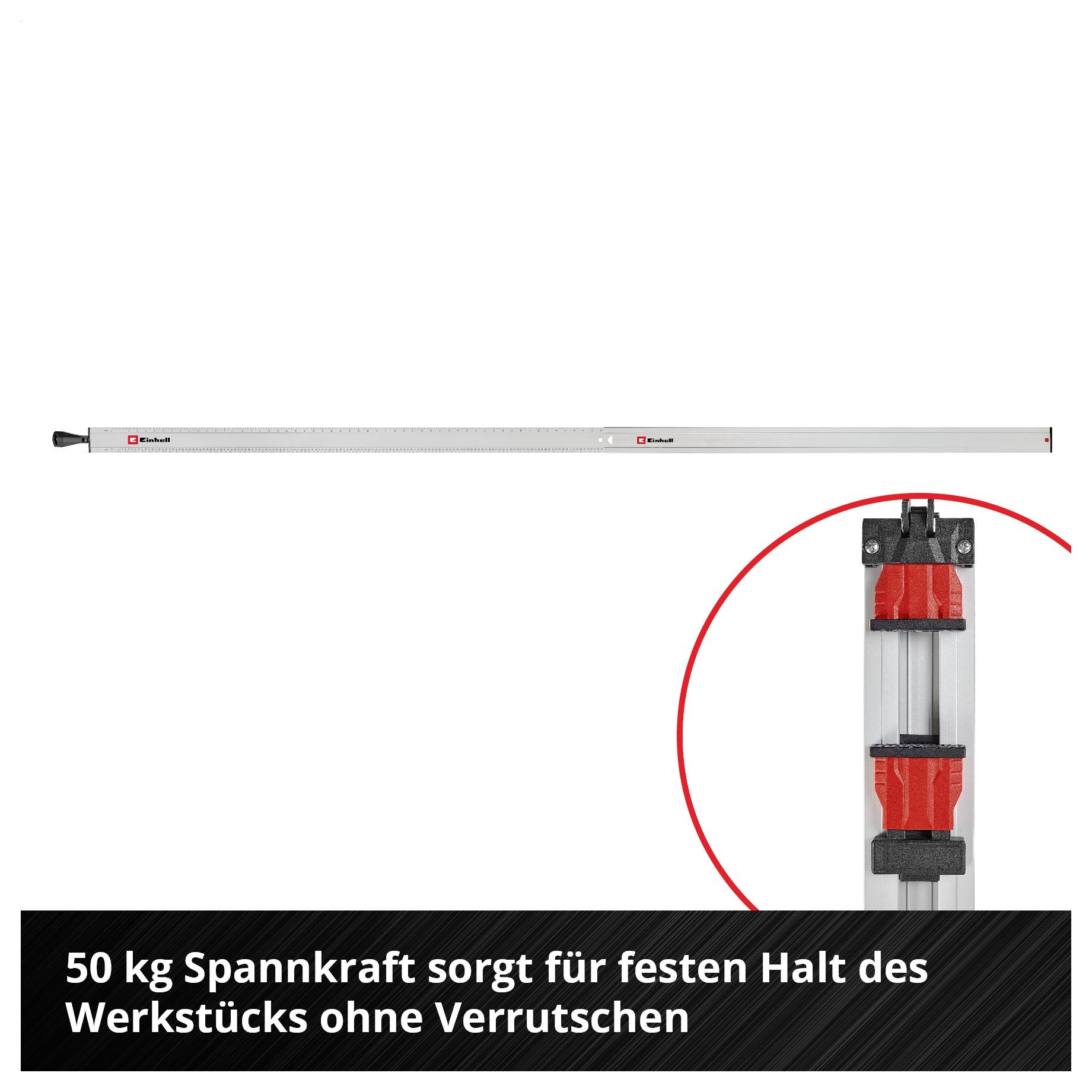 Produktbild eines Spannsystems: langer horizontaler Balken und Detailansicht einer roten Klemme; Text: '50 kg Spannkraft sorgt für festen Halt des Werkstücks ohne Verrutschen'.