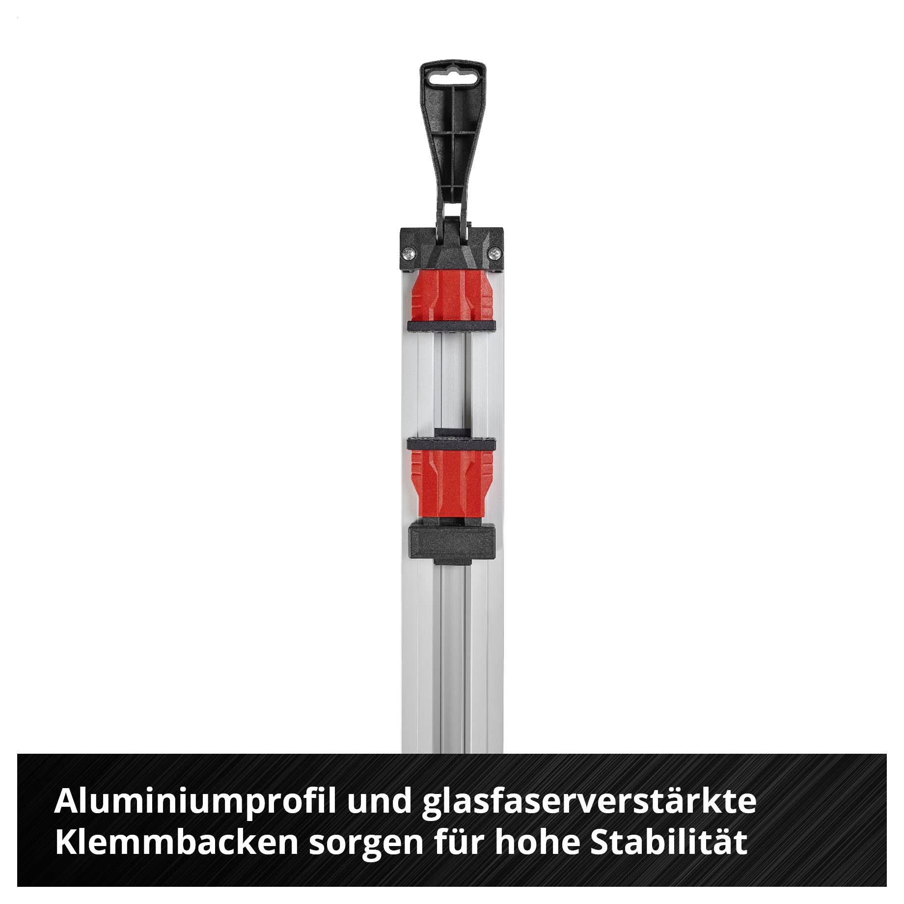 Produktfoto einer schwarzen und roten Klemme an einem Aluminiumprofil; Text: 'Aluminiumprofil und glasfaserverstärkte Klemmbacken sorgen für hohe Stabilität'