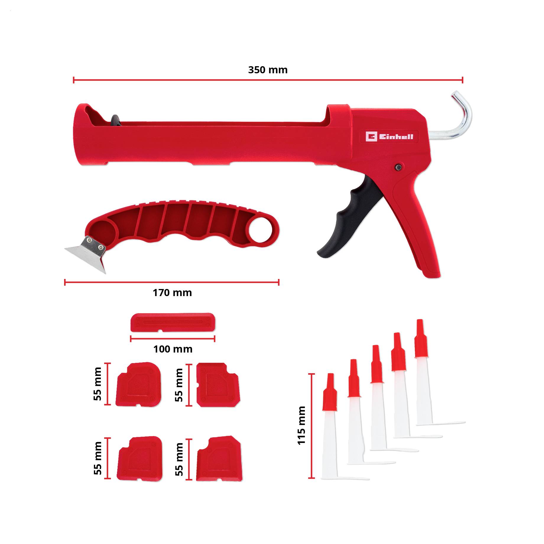 Rotes Dichtungspistolen-Set mit 350-mm-Pistole, 170-mm-Schneidemesser, 100-mm-Kartusche, vier 55-mm-Endkappen und fünf Düsen bis 115 mm Höhe.