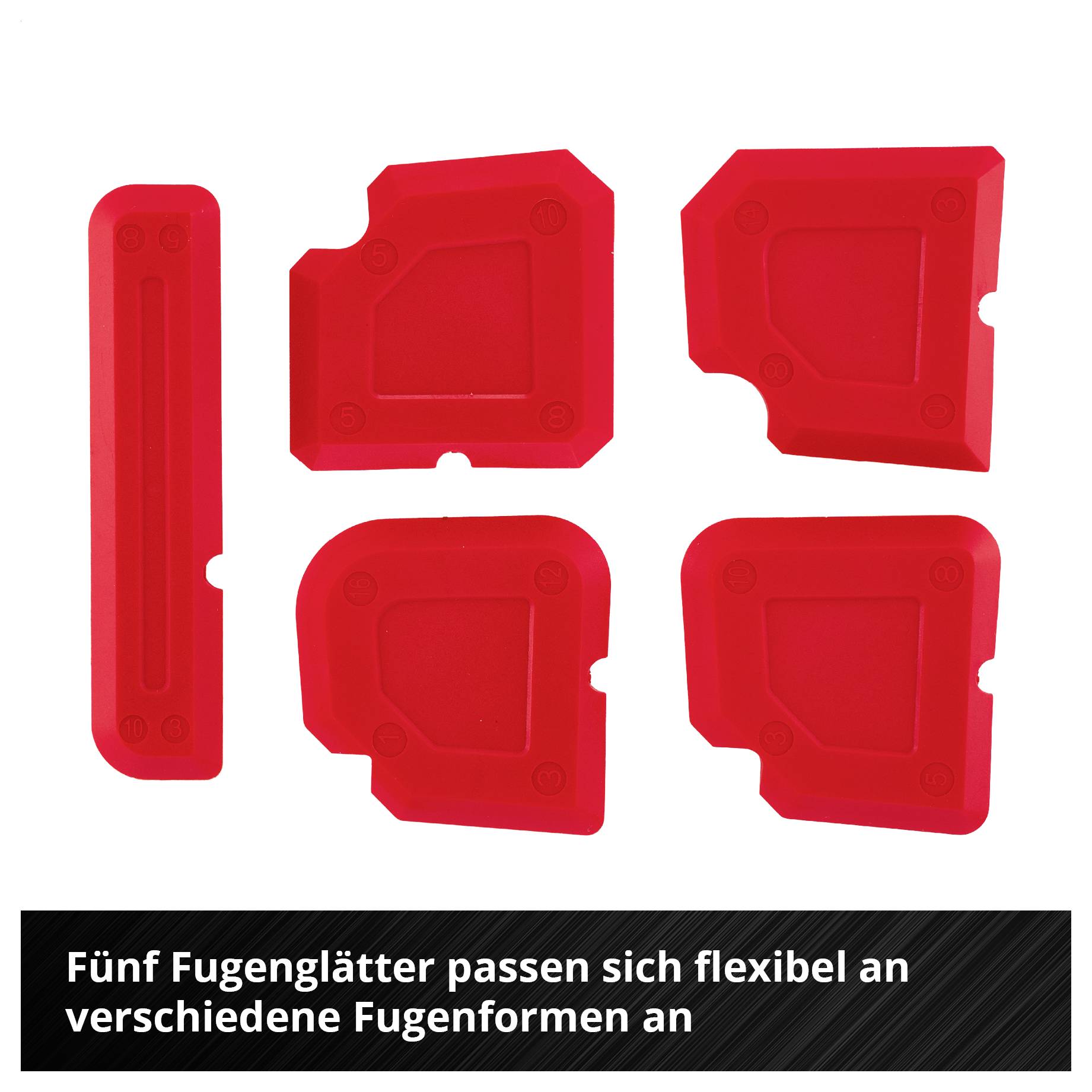 Fünf rote Fugenglätter in verschiedenen Formen, darunter ein langes Werkzeug; sie zeigen flexible Anpassung an unterschiedliche Fugenformen.