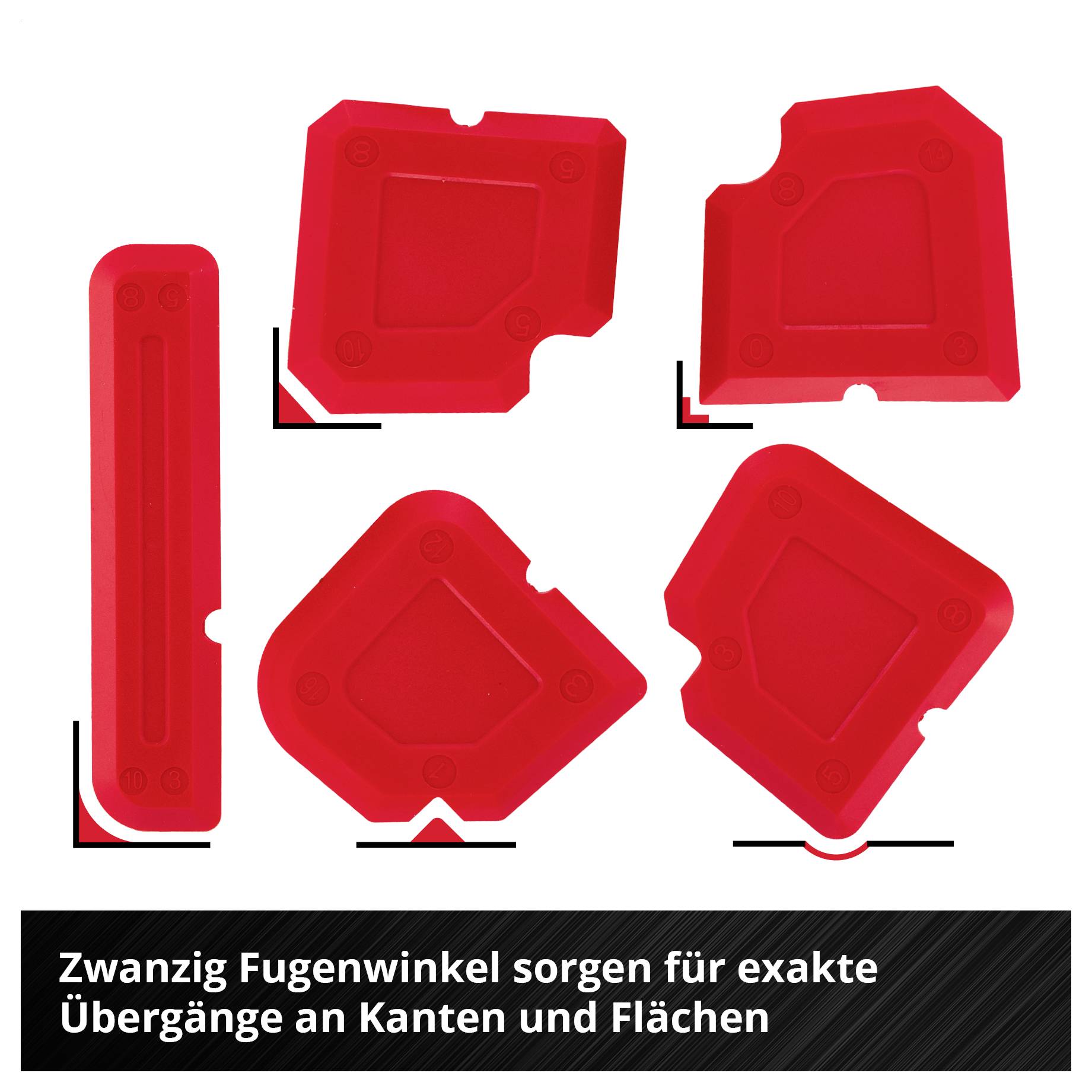 Grafik mit fünf roten Fugenkeln für unterschiedliche Kanten- und Flächenübergänge; Text unten: 'Zwanzig Fugenwinkel sorgen für exakte Übergänge an Kanten und Flächen'.