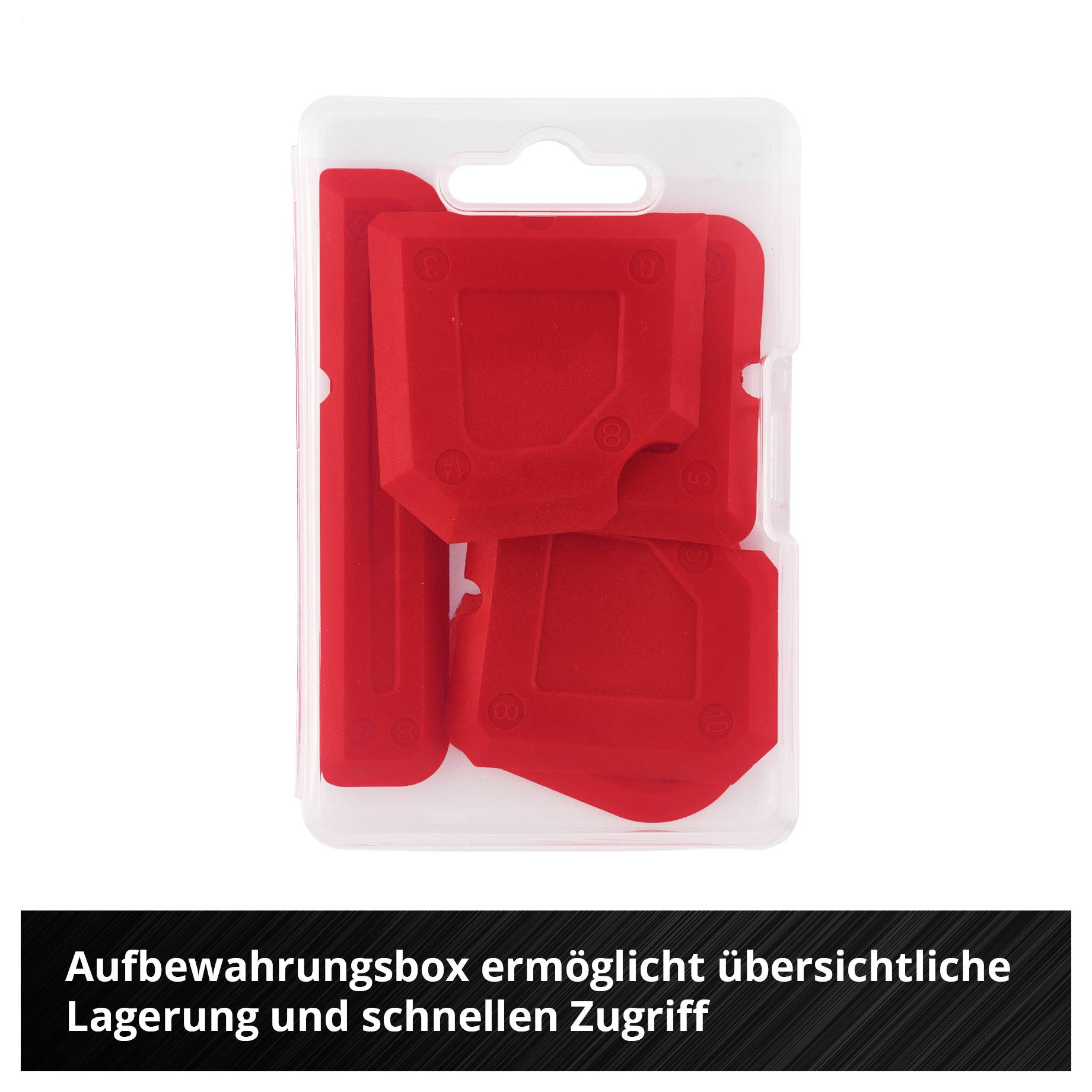 Transparente Aufbewahrungsbox mit roten Kunststoffteilen zur übersichtlichen Lagerung und schnellem Zugriff