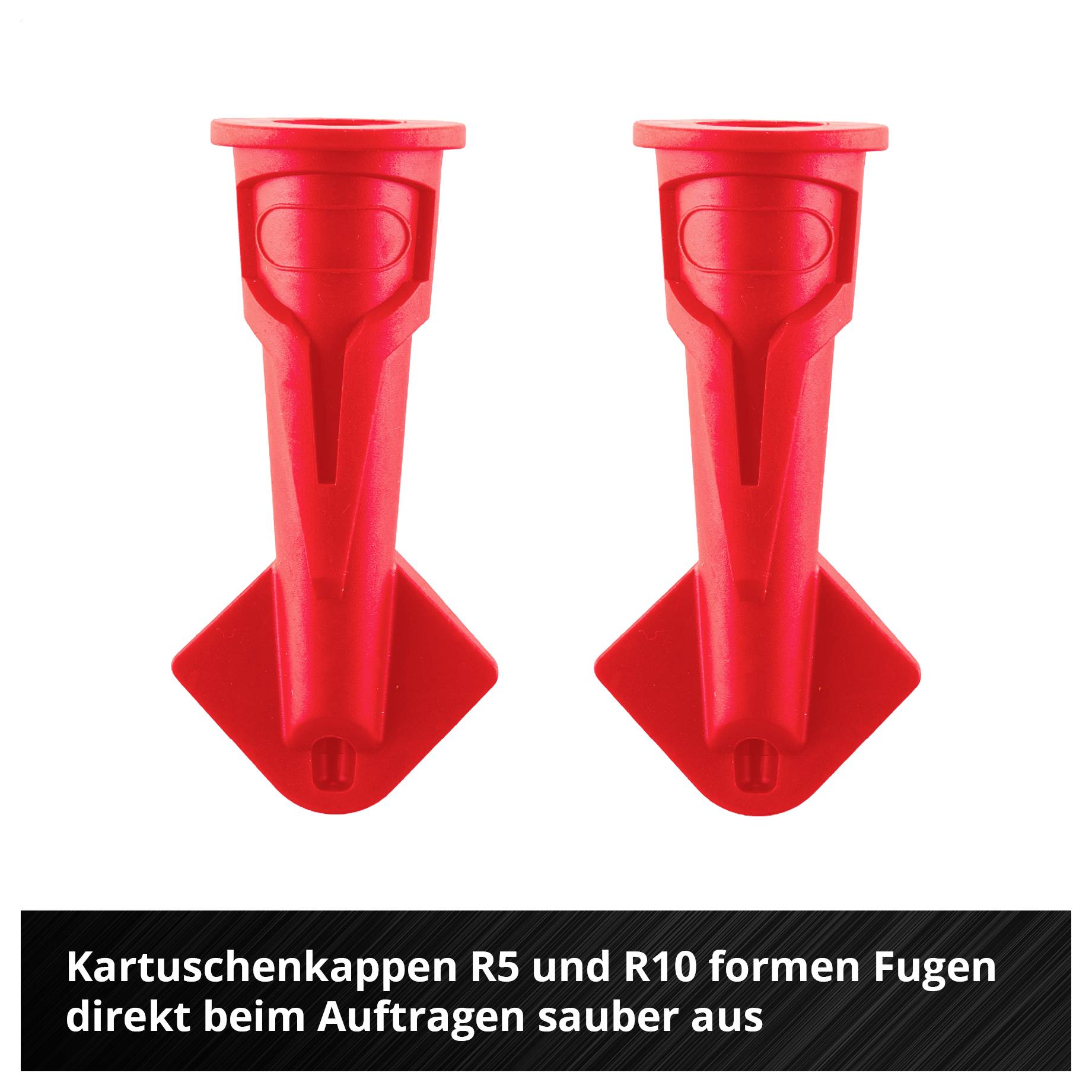 Zwei rote Kartuschenkappen für R5 und R10; formen Fugen direkt beim Auftrag sauber aus.