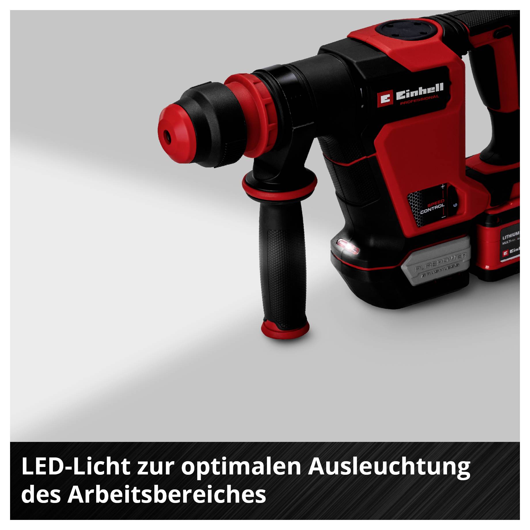 Akkubohrhammer von Einhell mit LED-Licht; unten steht: 'LED-Licht zur optimalen Ausleuchtung des Arbeitsbereiches'.