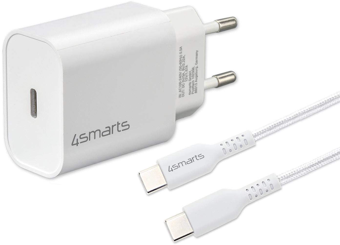 Weißes 45-Watt-USB-C-Netzteil mit zweipoliger Steckdose und geflochtenes USB-C-Kabel auf weißem Hintergrund dargestellt.
