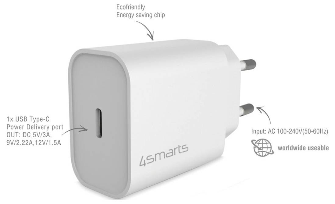 Weiß 4smarts USB-C Stromadapter mit umweltfreundlichem energiesparendem Chip; unterstützt AC 100–240V Eingang und DC Schnellladenausgang bis 22A.