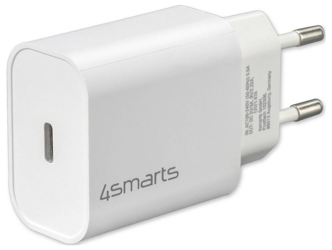 Weißes 4smarts USB-Wandladegerät mit zwei runden europäischen Steckerkontakten und einem einzelnen USB-C-Anschluss.