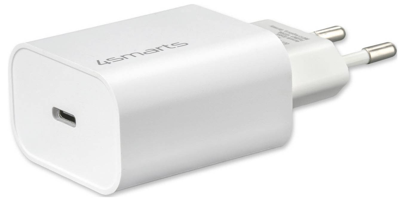 Weißes USB-C-Wandladegerät mit zwei runden europäischen Steckern, auf weißem Hintergrund dargestellt.