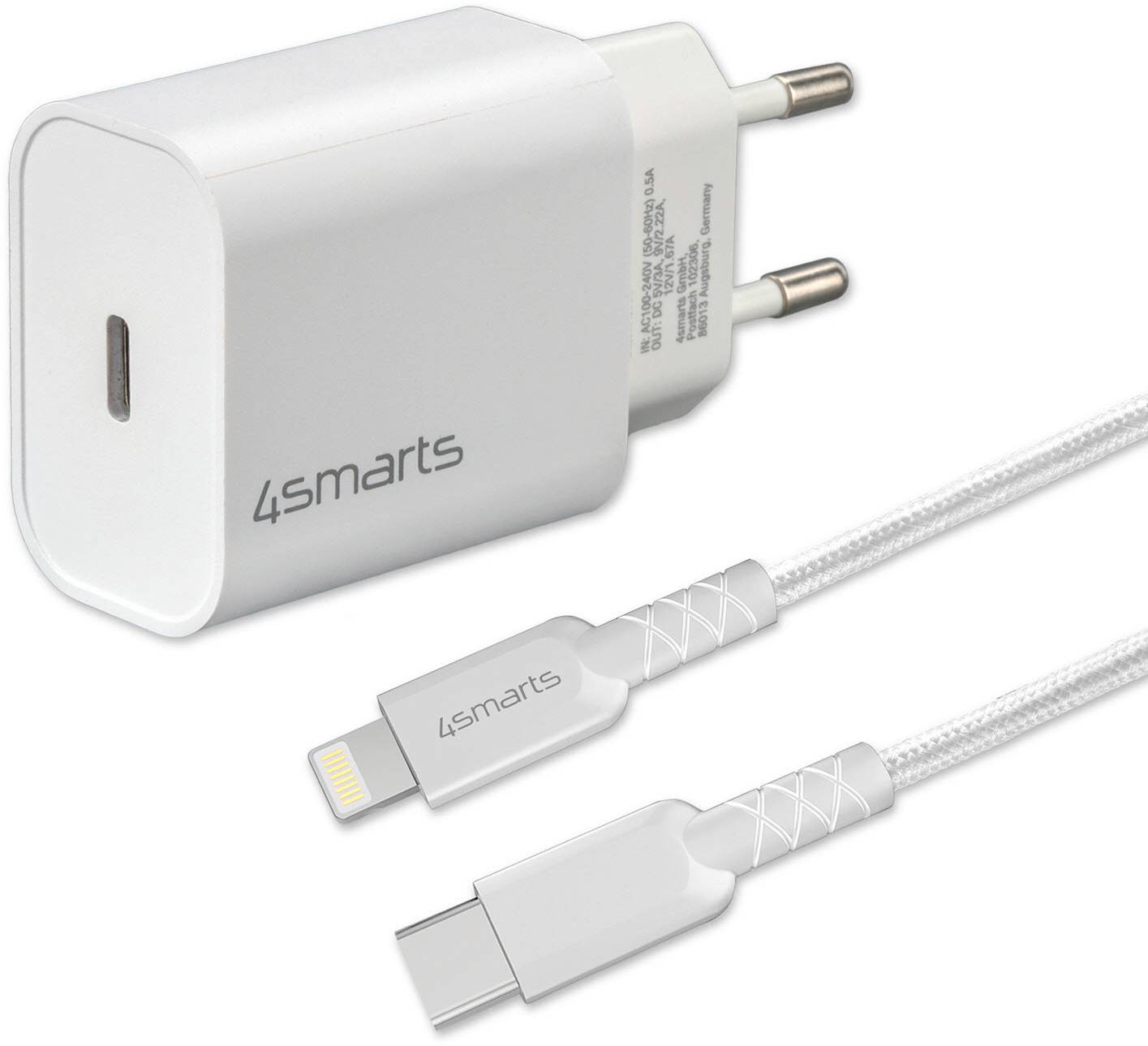 Weißes 4smarts USB-Netzteil mit europäischem Stecker und zwei geflochtenen Ladekabeln: Lightning- und USB-C-Anschlüsse