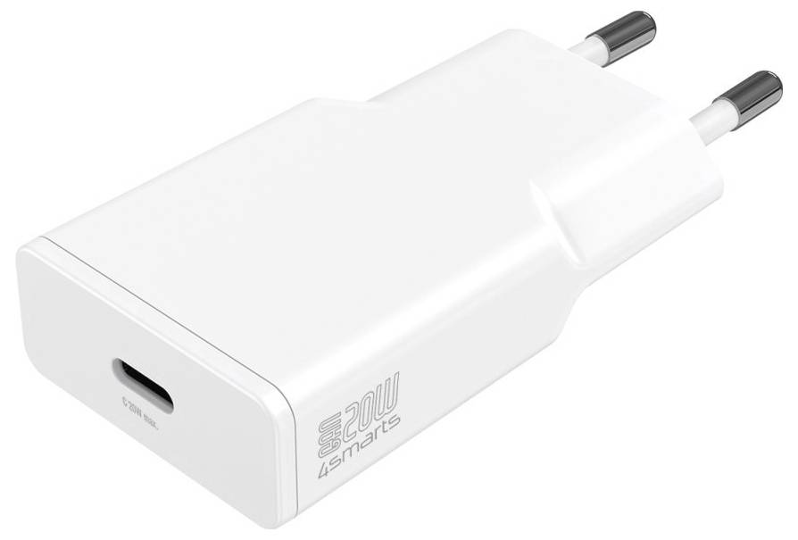 Weißes USB-C-Wandladegerät mit zwei runden EU-Steckerkontakten und einem einzelnen USB-C-Anschluss auf der Vorderseite.