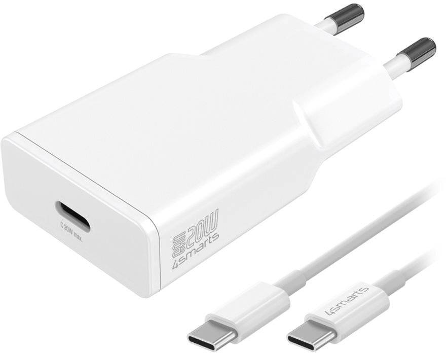Weißes USB-C-Wandladegerät mit europäischem Stecker und zwei USB-C-Kabeln