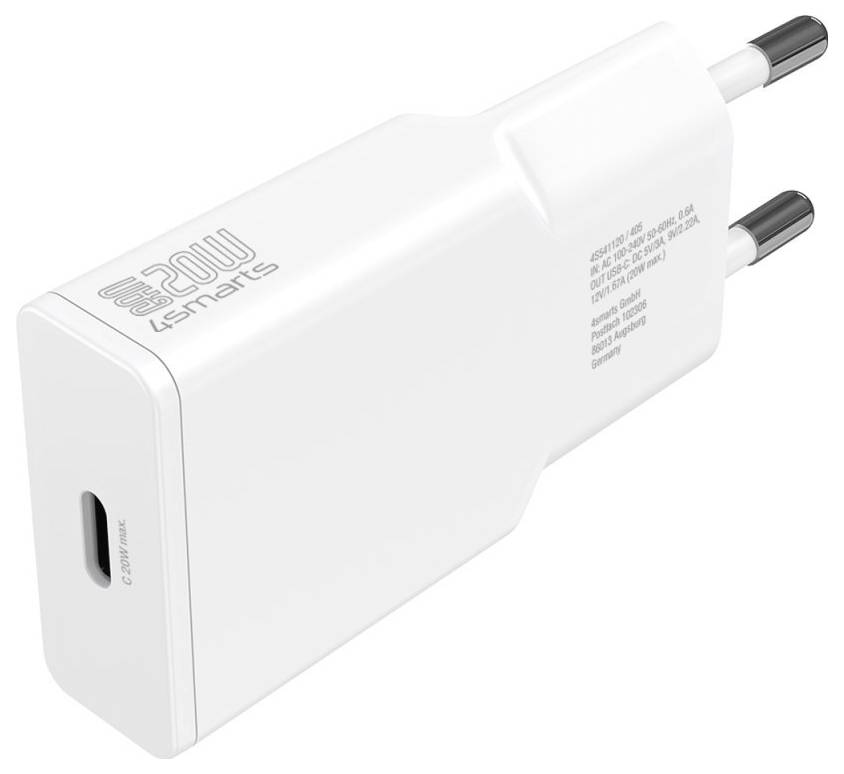 Weiß USB-C Wandladegerät mit europäischen Steckerkontakten und einem einzelnen USB-C-Anschluss, 20W von ksmarts gekennzeichnet.