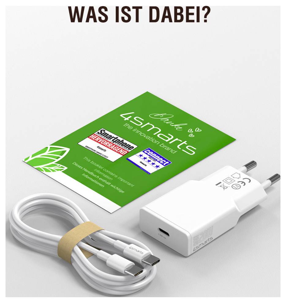 Werbeartikel zeigt eine grüne 4smarts Ladekarte, ein weißes USB-Wandladegerät und ein aufgerolltes Kabel mit Adapterspitzen.