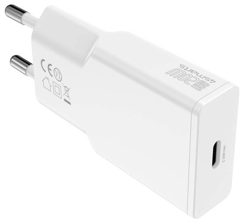 Weißes USB-C-Wandladegerät mit zwei runden europäischen Steckern und einem einzelnen USB-C-Anschluss.