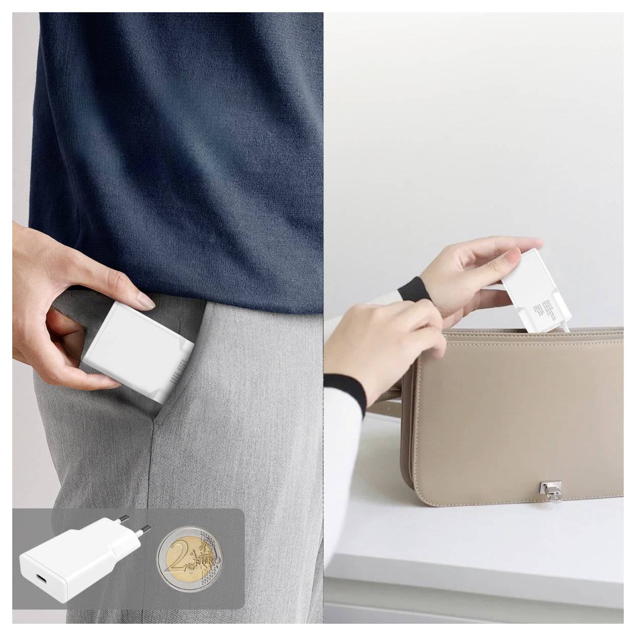 Geteiltes Bild, das ein kompaktes weißes USB-Ladegerät zeigt, das leicht in einer Hosentasche und einer Handtasche verstaut werden kann, wobei die Portabilität und das diskrete Tragen hervorgehoben werden.