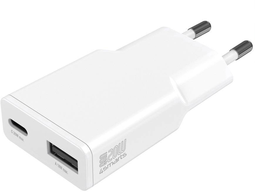 Weiß zweizackiges USB-Wandladegerät mit USB-A-Anschluss und USB-C-Anschluss, gezeigt auf einem einfachen Hintergrund.