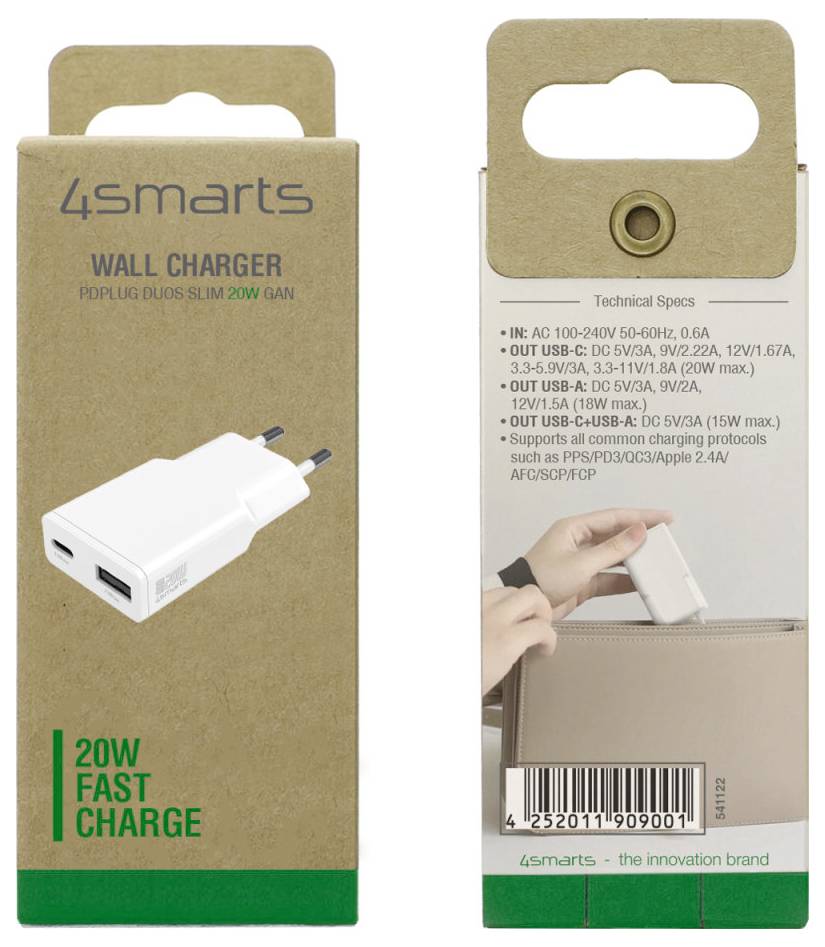 4Smarts USB Ladegerät 20W USB-A, USB-C® USB PD Weiß Innenbereich, Steckdose GaN, USB Power Delivery (USB-PD)