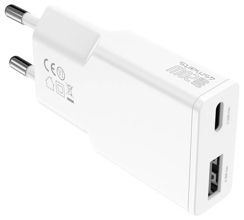 Weiß EU-Wandladegerät mit zwei runden Steckerstiften, ein USB-C-Anschluss und ein USB-A-Anschluss auf der Vorderseite, beschriftet mit 20W
