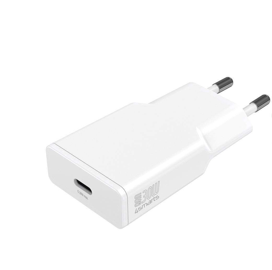 Weißes USB-C-Wandladegerät mit zwei runden europäischen Steckerstiften und einem einzelnen USB-C-Anschluss auf einfachem Hintergrund.