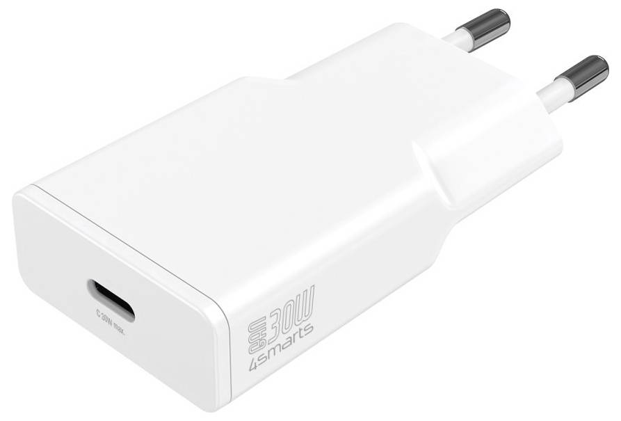 Weißes 30W USB-C Wandladegerät mit EU-Stecker mit zwei Stiften, im Winkel auf weißem Hintergrund dargestellt.