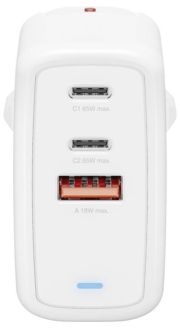 Weiches Wandladegerät mit zwei USB-C-Anschlüssen mit der Beschriftung „C1 65W max.