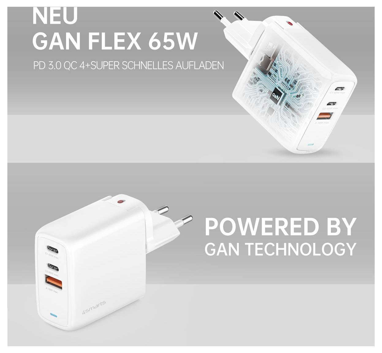Werbebild eines weißen NEU GAN FLEX 65W USB-C Wandladegeräts, gezeigt aus zwei Blickwinkeln, mit dem Text „PD 3.0 QC 4+ SUPER SCHNELLES AUFLADEN