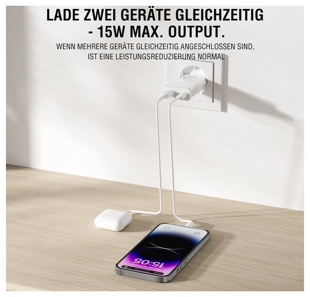 Wandladegerät lädt zwei Geräte gleichzeitig; Text besagt „max. 15 W Ausgangsleistung