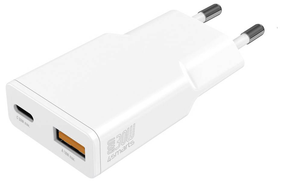 Weißer Wandladegerät-Adapter mit zwei Europasteckern und einem USB-A-Anschluss, dargestellt vor einem einfachen weißen Hintergrund.