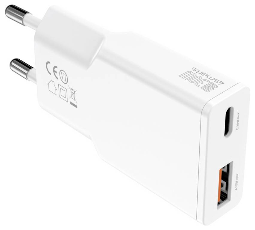 Weißes Dual-Port-Wandladegerät mit EU-Stecker, USB-C-Anschluss und USB-A-Anschluss, gekennzeichnet als 33W-Schnelllader.