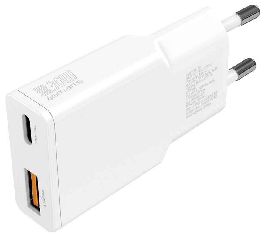 Weißes 30W USB-C Wandladegerät mit einem USB-C-Anschluss und einem orangefarbenen USB-A-Anschluss, dargestellt in einer angewinkelten Produktansicht.
