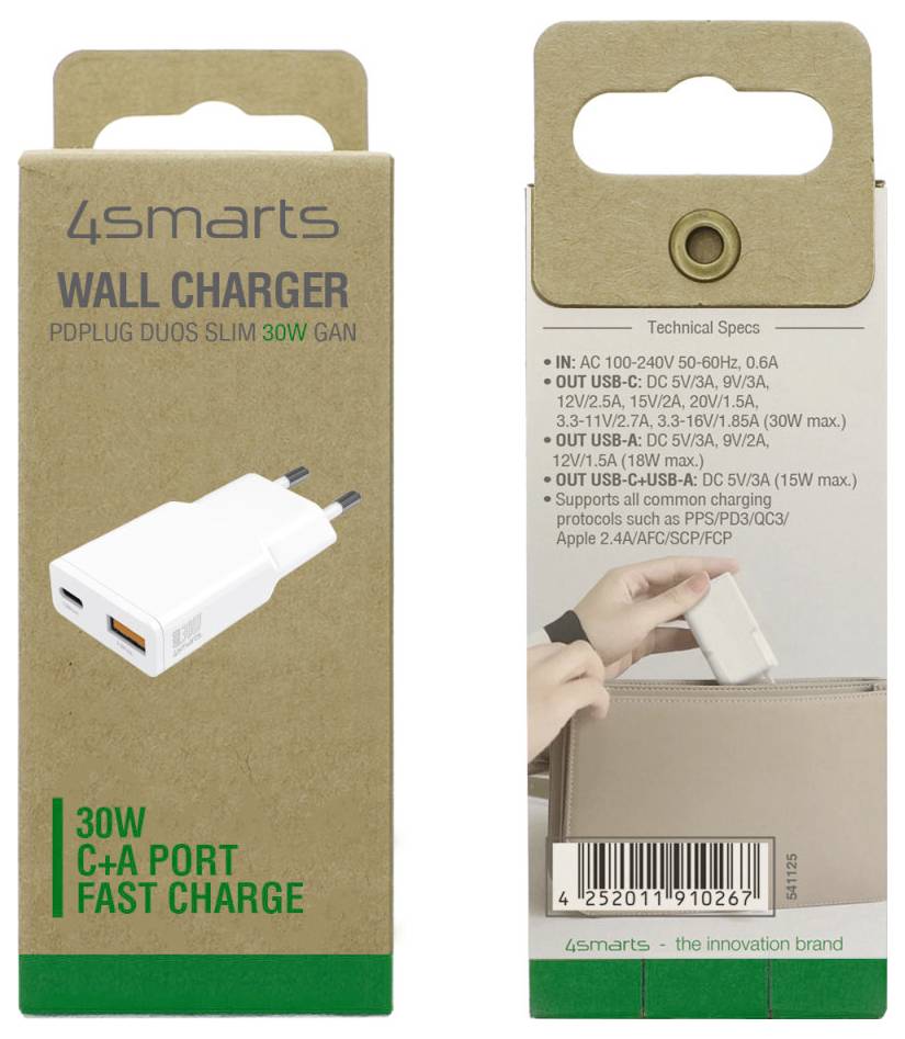Verpackung für ein 4smarts 30W-Wandladegerät mit USB-C und USB-A Anschlüssen; die Vorderseite zeigt das Ladegerät und Text zum Schnellladen, die Rückseite listet technische Spezifikationen auf.
