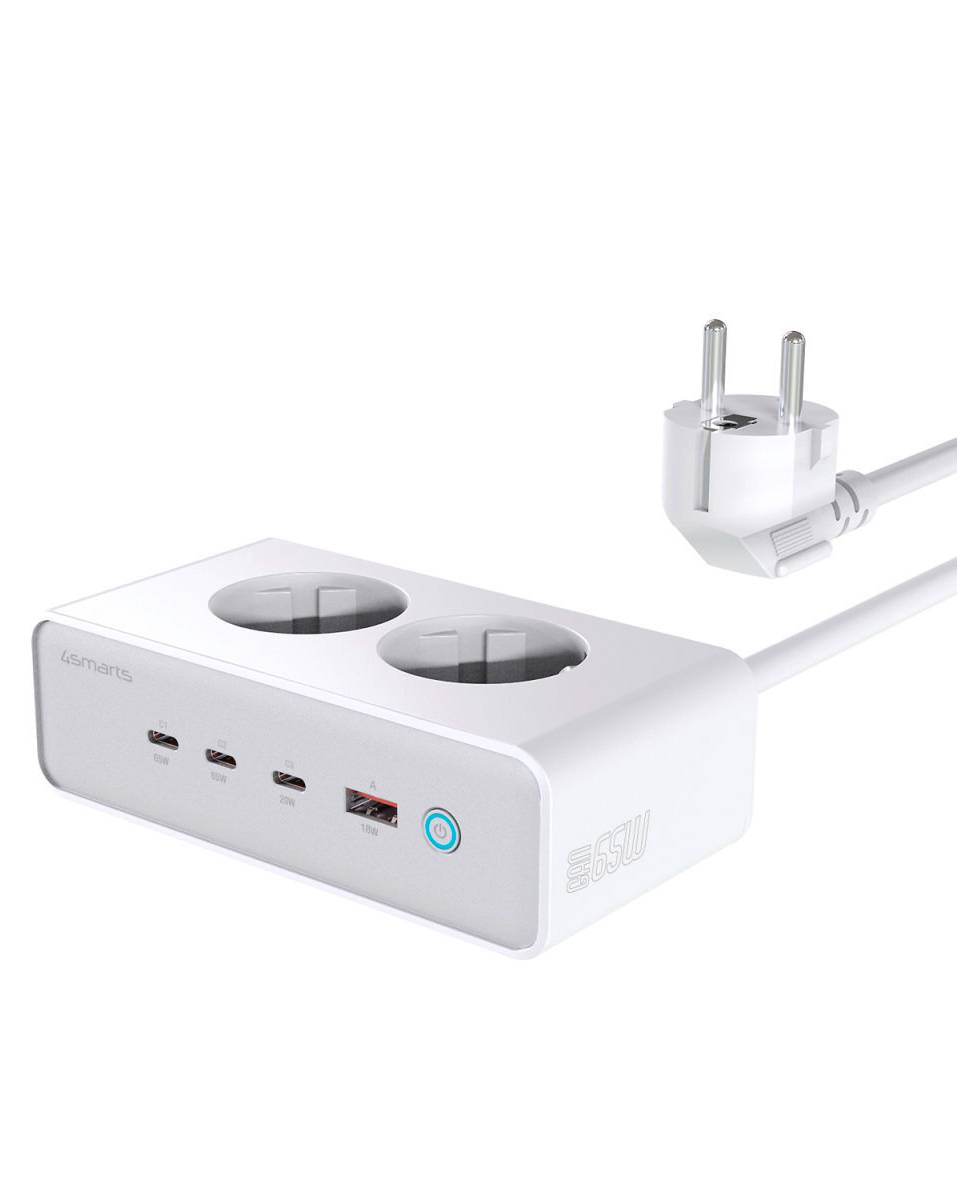 Weiße Steckerleiste mit zwei runden Steckdosen, USB-Anschlüssen, Ethernet-Port und beleuchtetem Ein-/Ausschalter; europäischer Stecker angebracht.