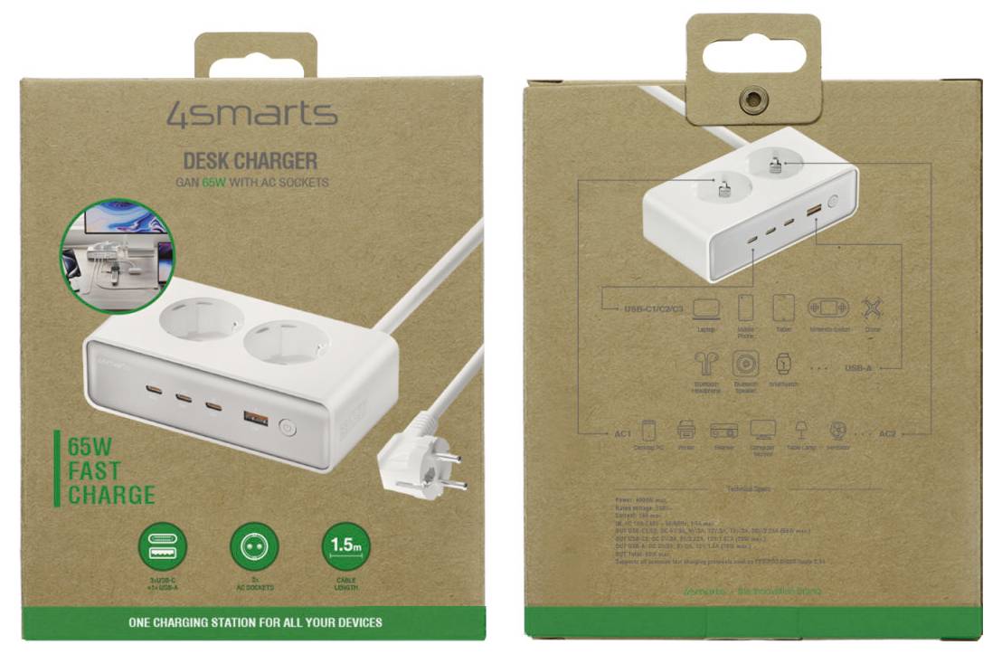 Produktverpackung für ein 4smarts Tischladegerät, das auf der Vorder- und Rückseite einer braunen Schachtel eine weiße 65W-Schnellladestation mit mehreren Anschlüssen und Kabel zeigt.