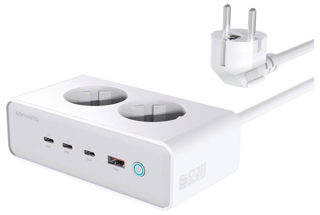 Weiße Desktop-Steckdosenleiste mit zwei Schuko-Steckdosen, zwei USB-Anschlüssen, einem blauen Betätigungsschalter und einem europäischen Stecker, der an einem Kabel befestigt ist.