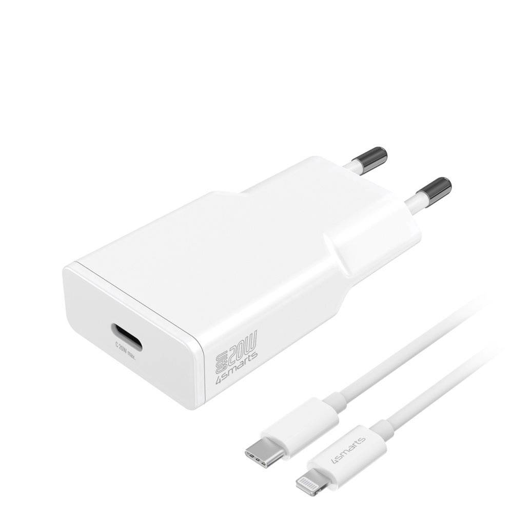 Weiß USB-C-Wandladegerät mit zwei runden Stiften und enthaltenes USB-C-Kabel, gezeigt auf einfachem weißem Hintergrund.