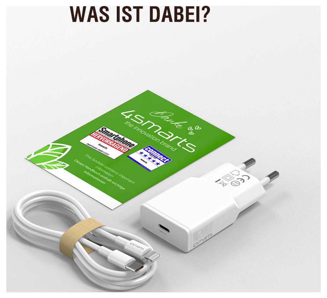 WAS IST DABEI?[Promotional graphic showing a green '4smarts' card, a white USB-C wall charger, and a coiled charging cable]