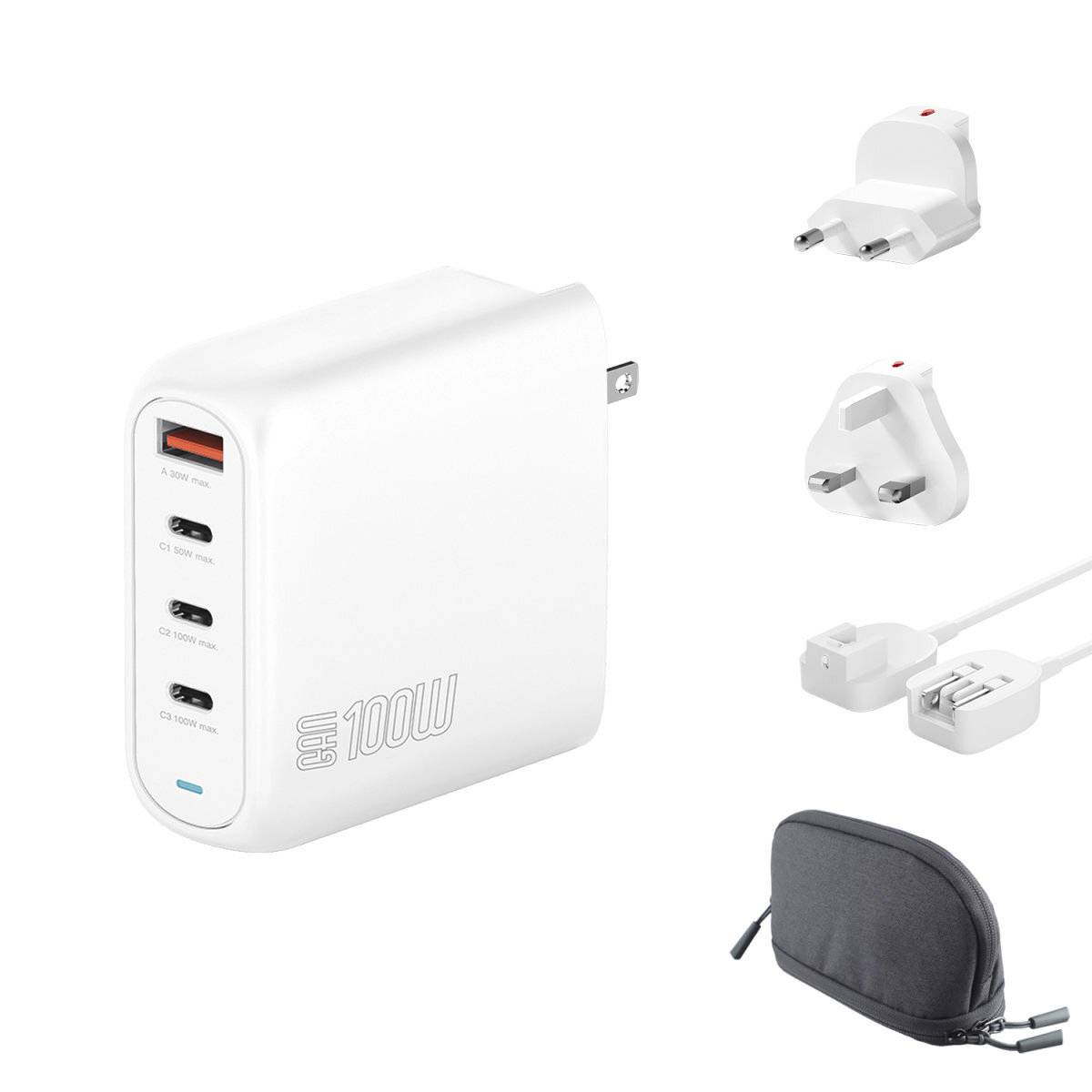 Weißes 100W Wandladegerät mit USB-C- und USB-A-Anschlüssen, abgebildet mit austauschbaren Steckeradaptern und einer kleinen Reisetatsche mit Reißverschluss.