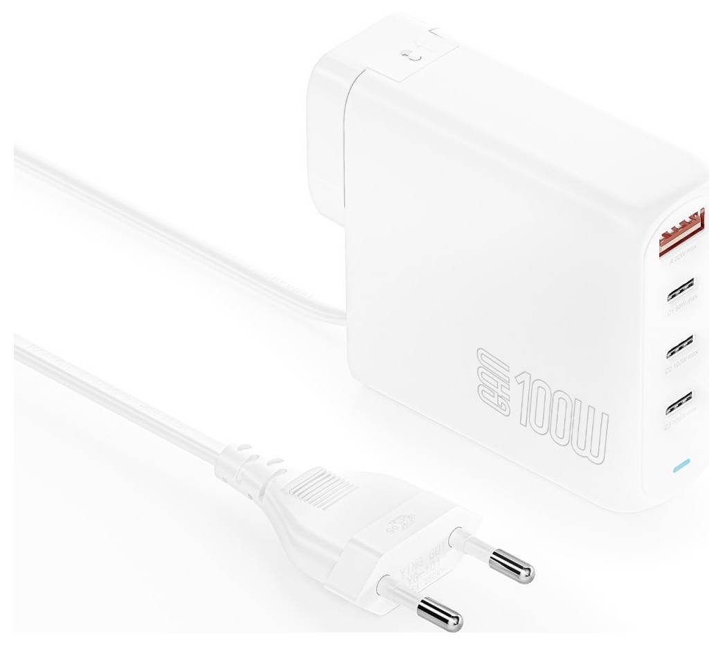 Weißer 100W USB-C Stromadapter mit mehreren USB-Anschlüssen und angeschlossenem Stromkabel, dargestellt als Produktfoto auf weißem Hintergrund.