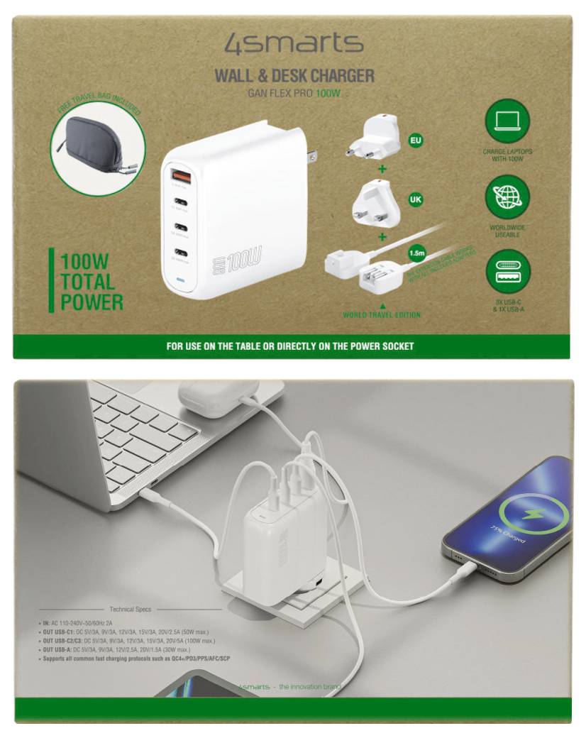 4smarts Wand- und Tisch-Ladegerät, 100W Gesamtleistung, mit austauschbaren Steckern für UK, EU und USA, zeigt das Laden eines Laptops, Telefons und Tablets.