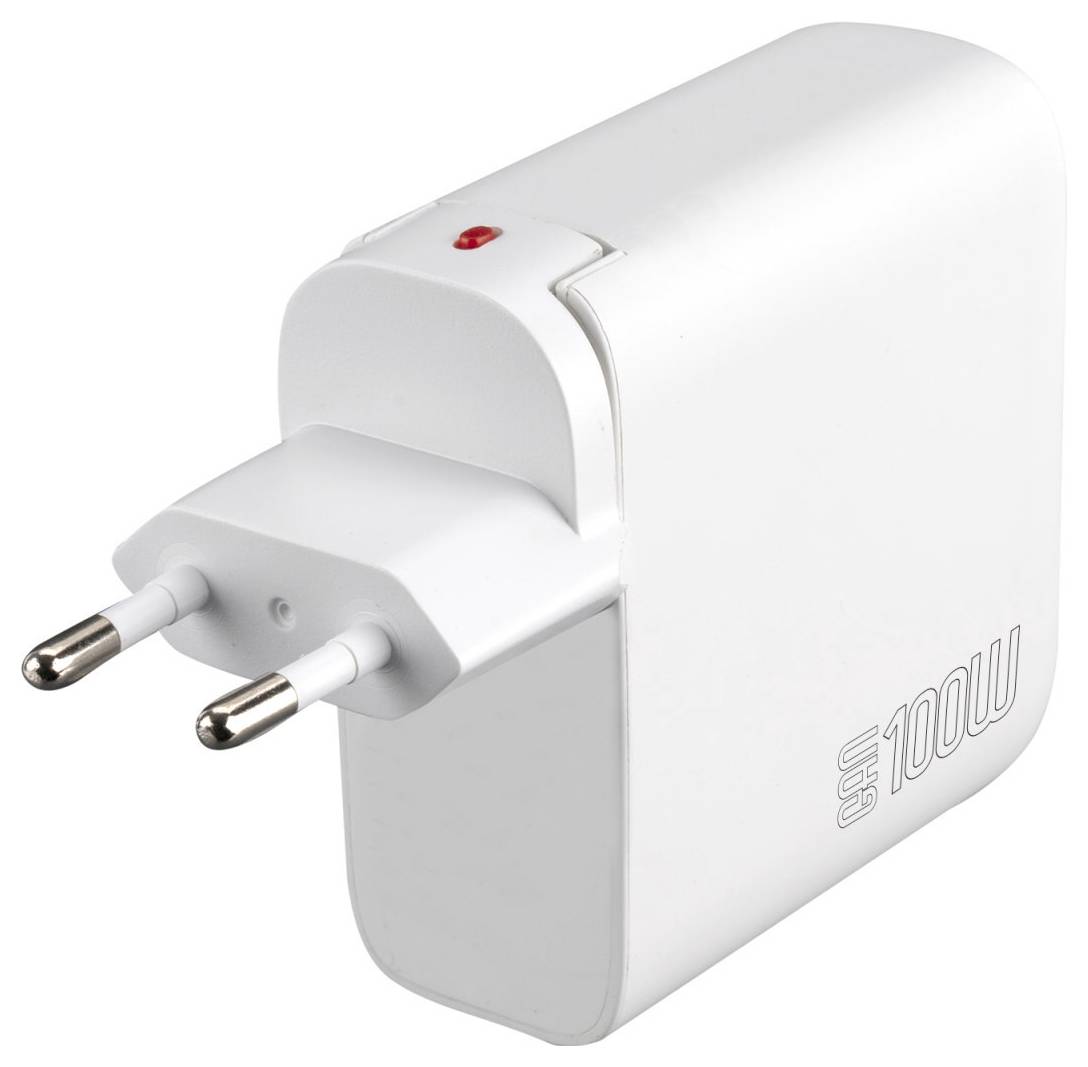 Weißer europäischer Stecker-Netzteil mit zwei runden Stiften und einer kleinen roten Kontrollleuchte, auf der Seite mit „100W
