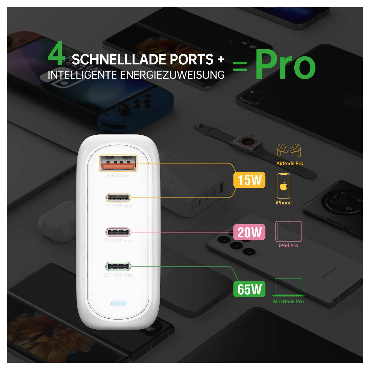 4Smarts USB Ladegerät 100W 3x USB-C®, USB-A Quick Charge, USB PD Weiß Innenbereich GaN, USB Power Delivery (USB-PD)