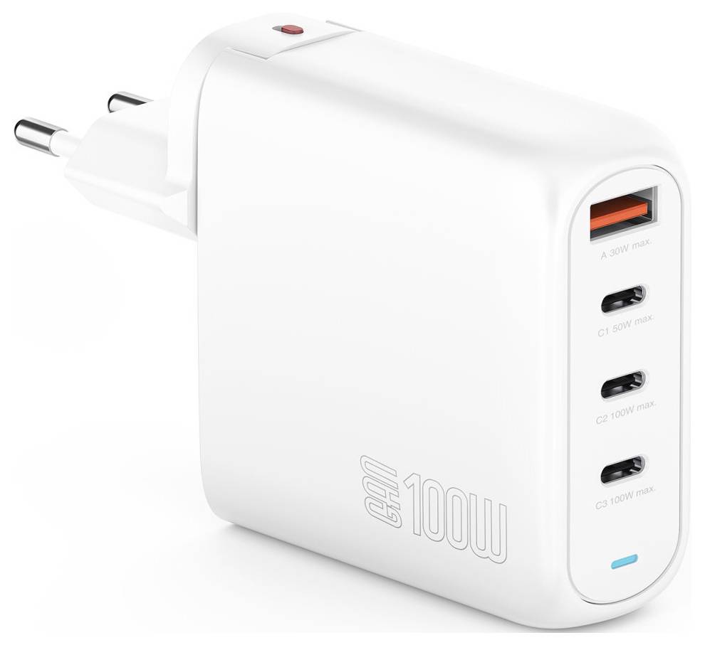 Weißes Wandladegerät mit EU-Stecker, ein USB-A-Anschluss und drei USB-C-Anschlüsse, beschriftet mit „100W
