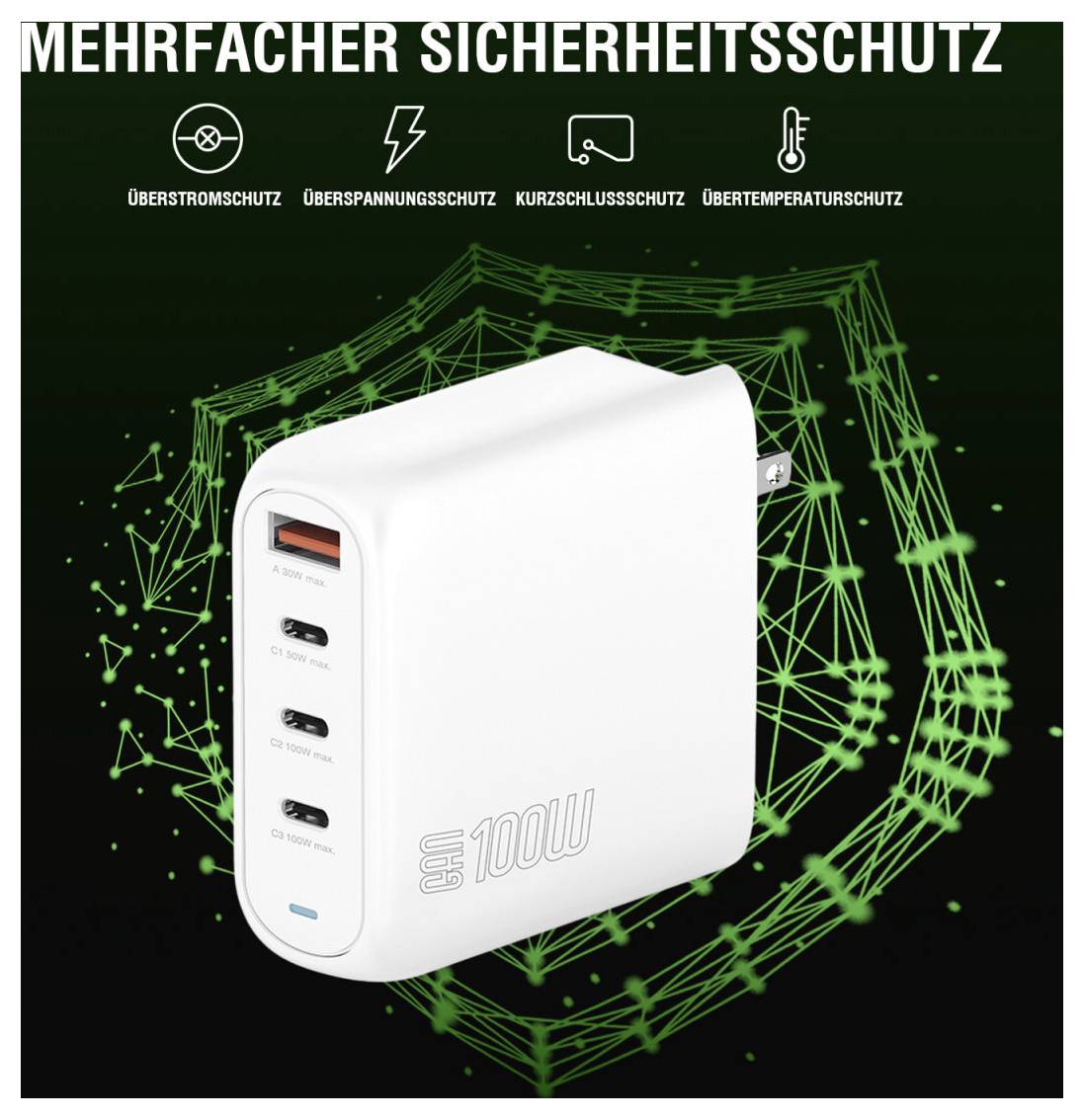Weiß 100W USB-Wandladegerät mit mehreren Anschlüssen, gezeigt mit „Mehrfacher Sicherheitsschutz