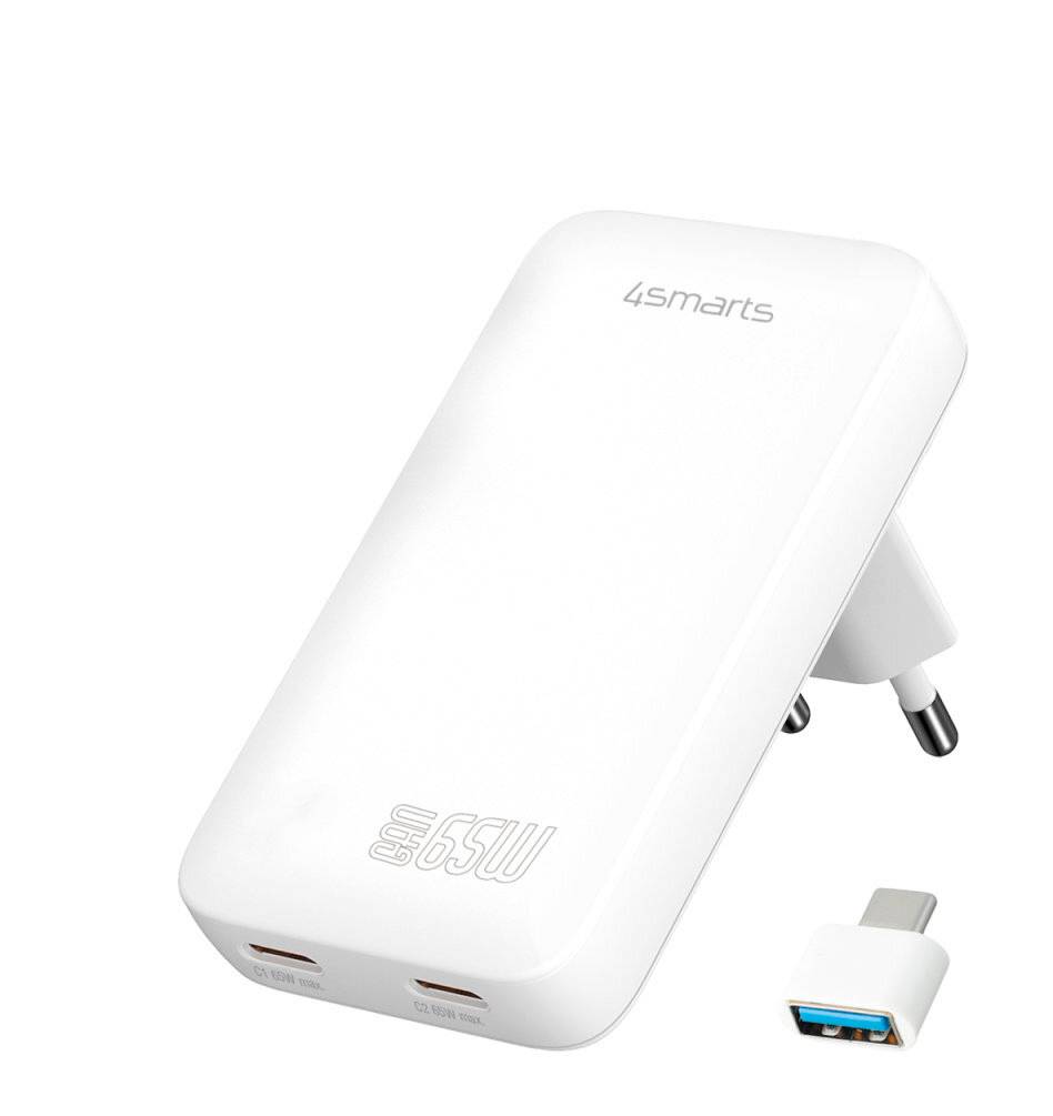 Weißes 4smarts 65W USB-C-Ladegerät mit klappbarem europäischem Stecker und abnehmbarem USB-A-Adapter auf weißem Hintergrund.