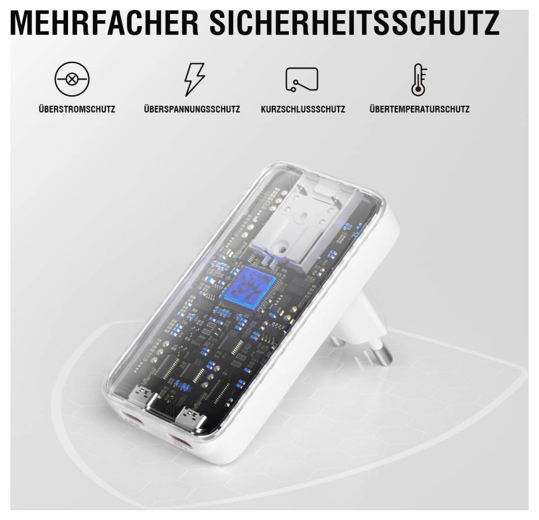 Grafik eines transparenten Steckdosenadapters mit der Bezeichnung „MEHRFACHER SICHERHEITSSCHUTZ