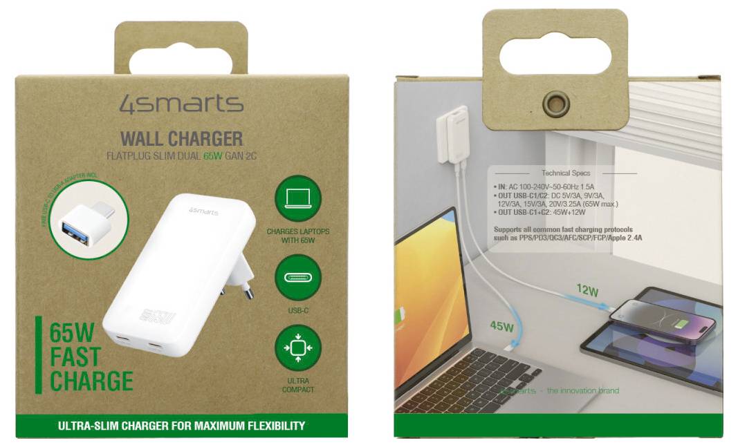 Einzelhandelsverpackung für ein 45Smarts Wandladegerät: Die Vorderseite zeigt ein weißes 65W Schnelllade-USB-C-Ladegerät; die Rückseite zeigt das Ladegerät beim Laden eines Laptops und Telefons, mit technischen Spezifikationen.